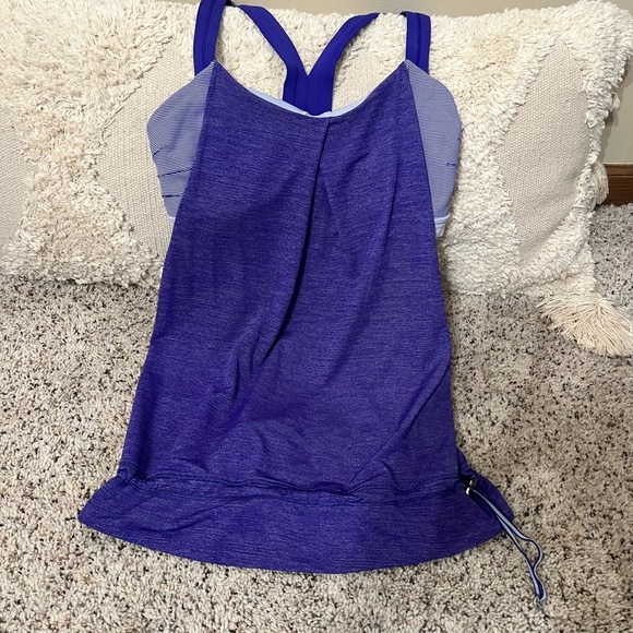 Lululemon “Less Rest” Heathered Purple Tank with Striped Sports Bra - Picture 3 of 9
